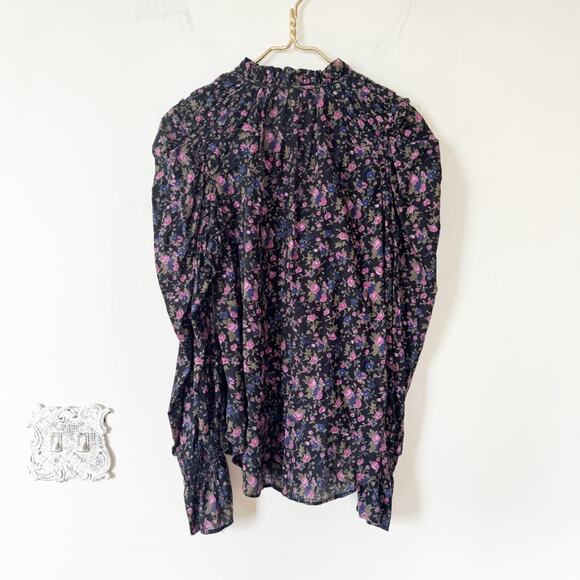 Free People Meant to Be Black Purple Floral Puff Sleeve Smocked Cotton Blouse S - Picture 13 of 15